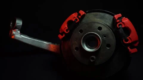 Disc brakes with two red calipers for hydraulic handbrake Stock Footage 302959518