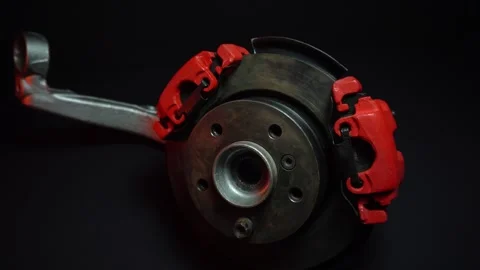 Disc brakes with two red calipers for hydraulic handbrake Stock Footage 302959521