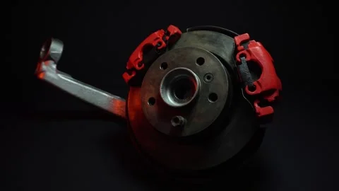 Disc brakes with two red calipers for hydraulic handbrake Stock Footage 302959545