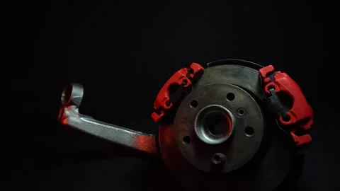 Disc brakes with two red calipers for hydraulic handbrake Stock Footage 302959556