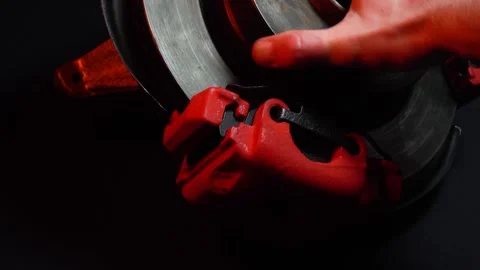 Disc brakes with two red calipers for hydraulic handbrake Stock Footage 302959717