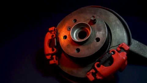 Disc brakes with two red calipers for hydraulic handbrake Stock Footage 302959754