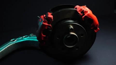 Disc brakes with two red calipers for hydraulic handbrake Stock Footage 302959869