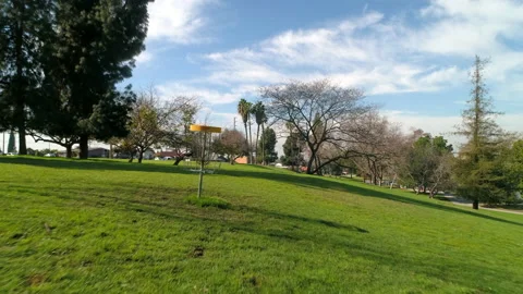 Disc Golf Basket On Green Landscape In Park By Houses - Los Angeles, California Stock Footage 223323962