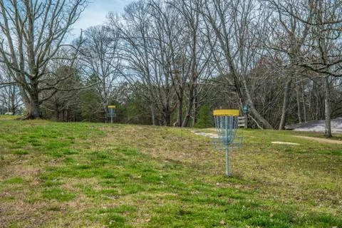 Disc golf baskets in a park Stock Photos