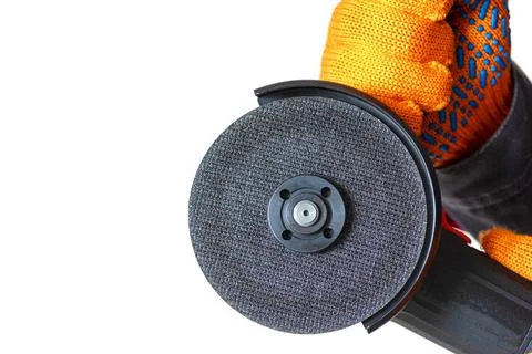 Disc grinder. Grinder in the hand. Close-up. Copy space Stock Photos