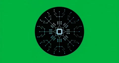 Disc opening initiating microchip glowing, radial pulses resetting system on Stock Footage 317362942
