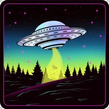 Disc-shaped UFO is hovering above tree clearing in flat style on transparent Ilustração Stock