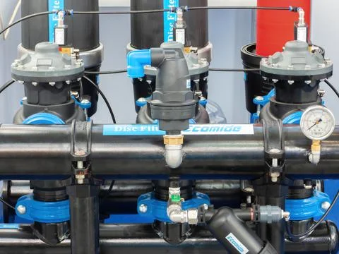 Disc water filter system on ECWATECH exhibition. Crocus Expo Stock Photos