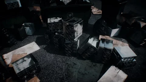 Discarded Bitcoin ASIC Miners Lying in Landfill, Cryptocurrency Mining Equipment Stock Footage 347318918
