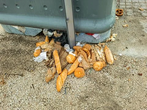 Discarded bread and baguettes piled near grocery store dumpster on a rainy da Fotos de archivo