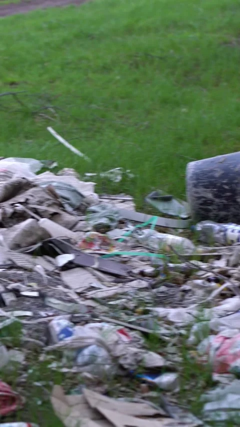Discarded cardboard, plastic bottles and packing waste dumped on grass near Stock Footage 345528375