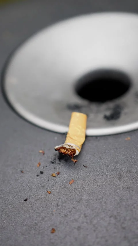 Discarded cigarette filter on city sidewalk, cigarette stub discarded on gritty Stock Footage 322522909