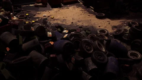 Discarded containers litter a dimly lit floor in an abandoned warehouse Stock Footage 294997031