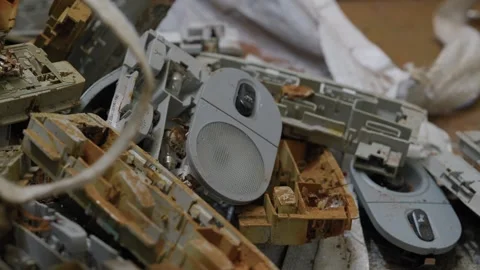 Discarded Electronic Waste and Old Speaker Parts Piled for Recycling Stock Footage 340218924