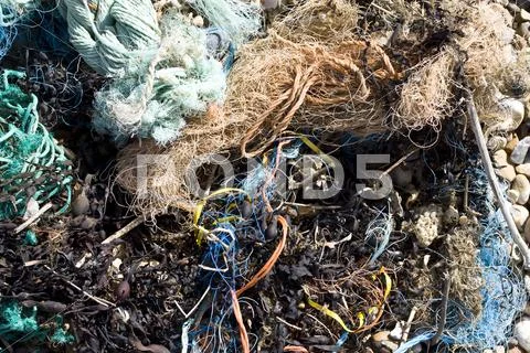 Discarded fishing nets washed up on the seashore Stock Photos