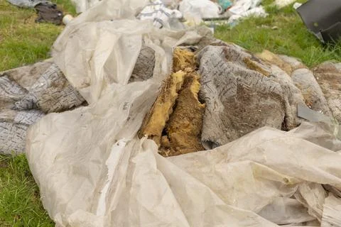 Discarded insulation and torn fabric on grassy ground Stock Photos