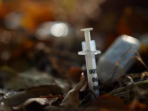 Discarded needle in park Stock Photos