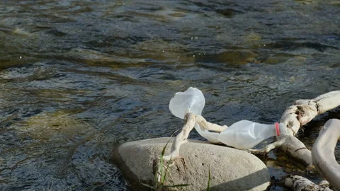 Discarded plastic bottle trash pollution on river ecosystem,environmental waste Stock Footage 150862692