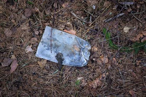 Discarded plastic trash in the forest. In the forest, on last year's leaves,  Stock Photos