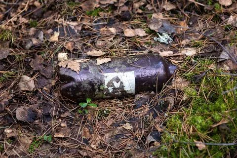 Discarded plastic trash in the forest. A plastic bottle left in the forest co Stock Photos
