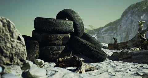 Discarded tires rest on a sandy beach surrounded by rocks and driftwood Illustrazione stock