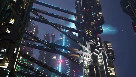 Discharges and flashes over stylized skyscrapers. Futuristic landscape. Stock Footage 304952265