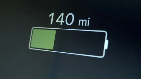 Discharging Progress in Miles Of EV Electric Car Battery On Dashboard Panel Stock Footage 167187327