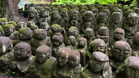 Disciples of Buddha statues stone rakan Otagi Nenbutsu-ji Temple Arashiyama Stock Footage 344554180
