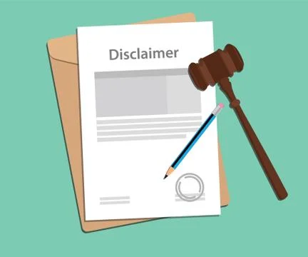 Disclaimer agreement stamped with folder document, blue pencil and judge hammer Stock Illustration