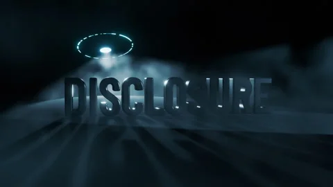 Disclosure 3D Text being lit from behind by light from a UFO Stock Footage 329546647