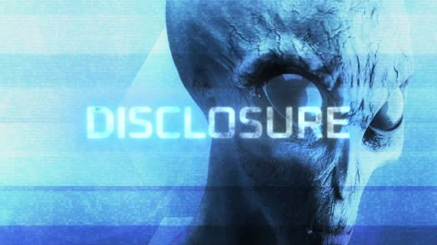 Disclosure Text Over Glitching footage of a Grey Alien Concept CGI Animation Stock Footage 329541221