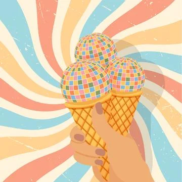 Disco ball and rainbow background in 70s retro hippie style. Stock Illustration