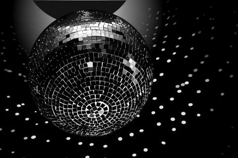 Disco ball on black background, black and white. Vector Stock Illustration