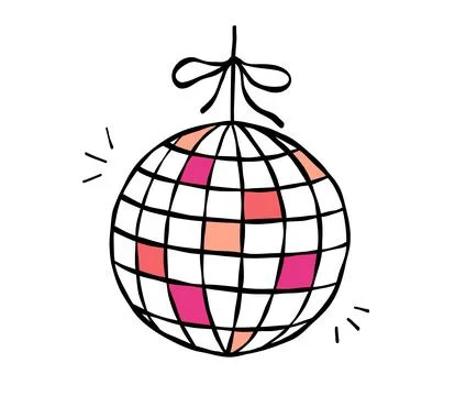 Disco ball with cute bow. Vector doodle illustration. Whimsical party drawi.. Stock Illustration
