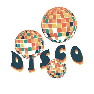 Disco ball. Fun. Groovy. Clockwork elements in retro hippie style of the 70s. Stock Illustration