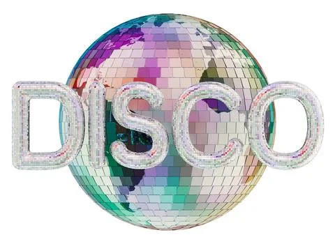 Disco ball globe with iridescent DISCO. 3D rendering Stock Illustration