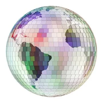 Disco ball globe with world map mirror mosaic. 3D rendering Illustrazione stock