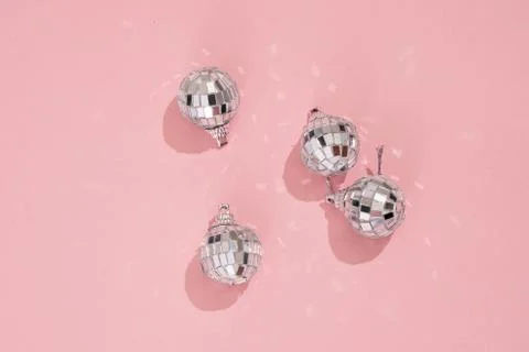 Disco ball pattern on pink background. 90s retro party concept. Stock Photos