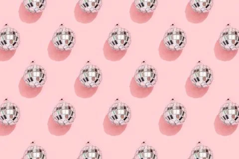 Disco ball pattern on pink background. 90s retro party concept. disco ball... Stock Photos