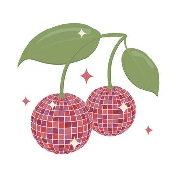 Disco ball in the shape of a cherry in the retro hippie style of the 70s. Stock Illustration