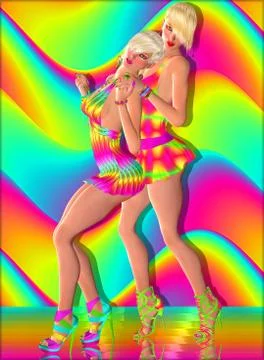 Disco Dance party scene with two blondes in retro outfits Stock Illustration