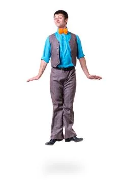 Disco dancer jumping against isolated white Stock Photos
