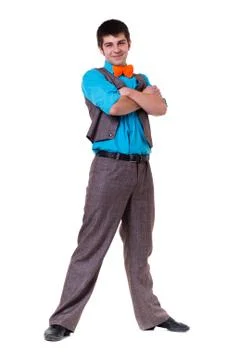 Disco dancer showing some movements against isolated white Stock Photos