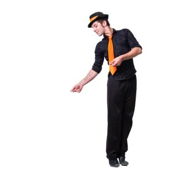 Disco dancer showing some movements against isolated white Stock Photos