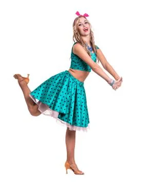 Disco dancer showing some movements against isolated white Stock Photos