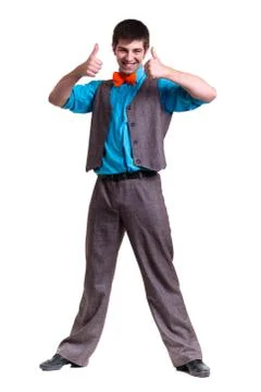 Disco dancer showing some movements against isolated white Stock Photos