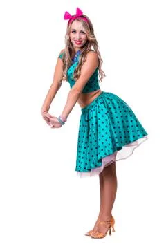 Disco dancer showing some movements against isolated white Stock Photos