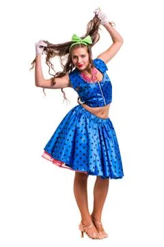 Disco dancer showing some movements against isolated white Stock Photos