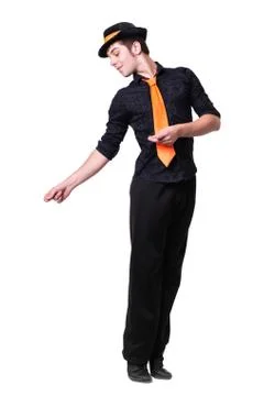 Disco dancer showing some movements against isolated white Stock Photos